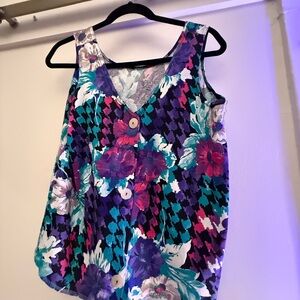 Vintage Egwipt Floral Button-Up Tank Top Purple Teal Retro 90s Vibe